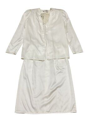 Patty Woodward White Satin Church Suit Sz 7/8 Polka Dot Blouse Skirt & Jacket